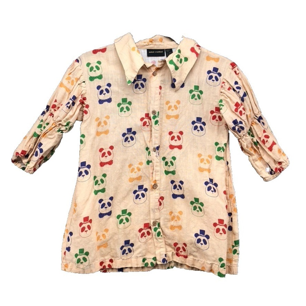 Mini Rodini Panda Woven Kids Dress Beige Girls 5 7 Linen Organic Cotton Play